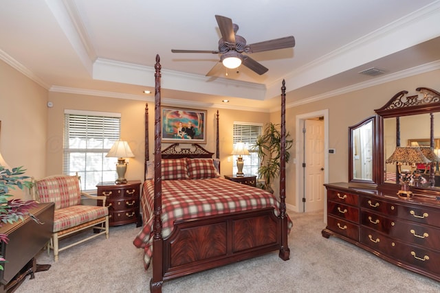 6504 Bayberry Ln, Amarillo, TX 79124 - carpeted bedroom featuring a tray ceiling, crown molding, and ceiling fan