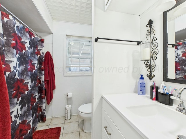 bathroom with curtained shower, toilet, tile patterned flooring, and vanity