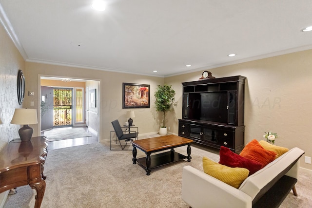 living room with crown molding and light carpet