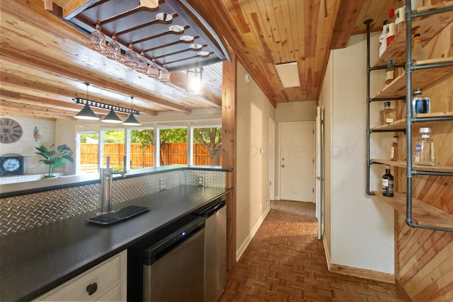 kitchen featuring wood ceiling, dark parquet floors, stainless steel appliances, pendant lighting, and white cabinetry