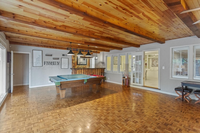 recreation room with beamed ceiling, wooden ceiling, pool table, and light parquet flooring