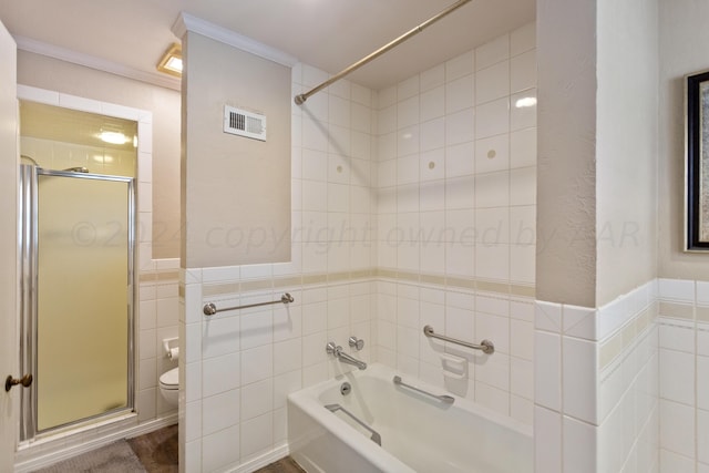 bathroom with crown molding, independent shower and bath, tile walls, and toilet