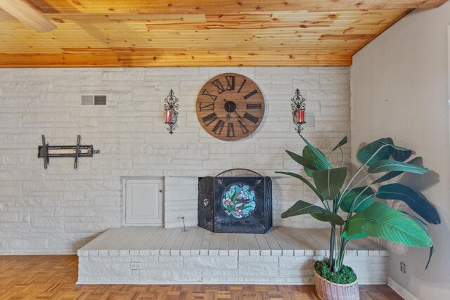 room details with parquet floors and wood ceiling