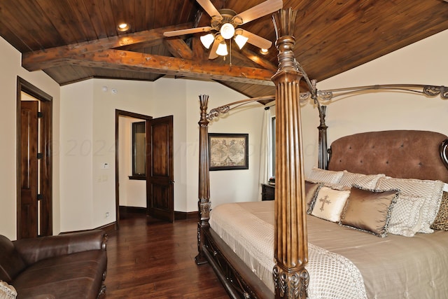 unfurnished bedroom with dark wood-type flooring, ceiling fan, wood ceiling, and vaulted ceiling with beams