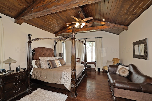 bedroom with dark hardwood / wood-style flooring, ceiling fan, wooden ceiling, and vaulted ceiling with beams