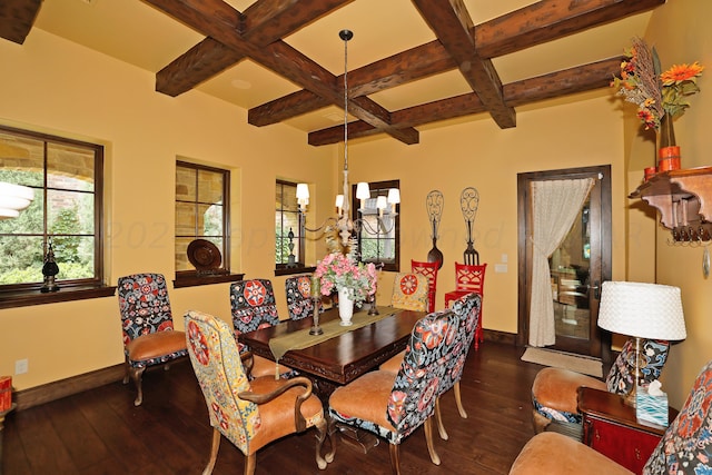 dining room with dark wood-type flooring, beam ceiling, a notable chandelier, and coffered ceiling