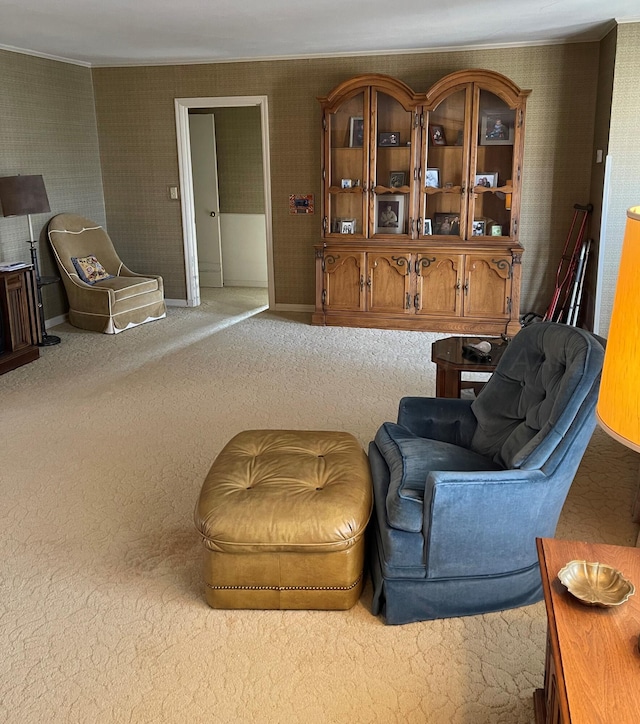 living area featuring carpet flooring