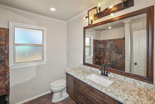 bathroom with walk in shower, ornamental molding, toilet, and vanity