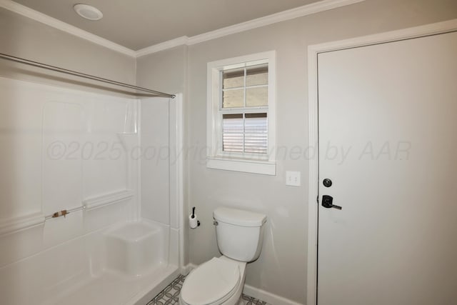 bathroom featuring walk in shower, ornamental molding, and toilet