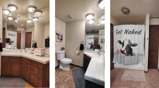 406 Bradley Ln, Dumas, TX 79029 - full bathroom with shower / bath combination with curtain, vanity, toilet, tile patterned floors, and a textured ceiling