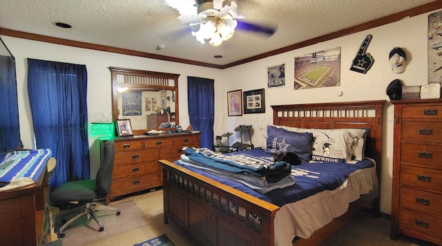 406 Bradley Ln, Dumas, TX 79029 - bedroom featuring ceiling fan, ornamental molding, light carpet, and a textured ceiling