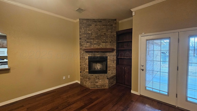 4207 Ross St, Amarillo, TX 79118 - unfurnished living room featuring dark wood finished floors, a fireplace, and ornamental molding