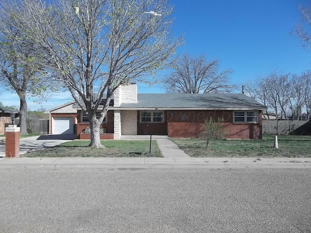 single story home featuring driveway, a garage, fence, and a chimney