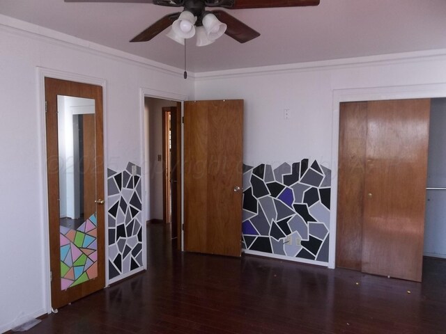 bedroom with a ceiling fan, ornamental molding, and wood finished floors