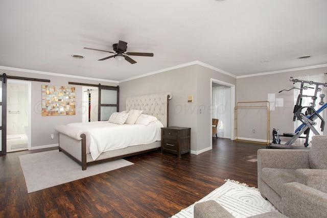 3506 Stromberg Pl, Amarillo, TX 79121 - bedroom with a barn door, wood finished floors, crown molding, and a ceiling fan