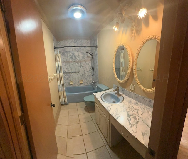 full bathroom with tile patterned floors, shower / bath combo with shower curtain, toilet, and vanity