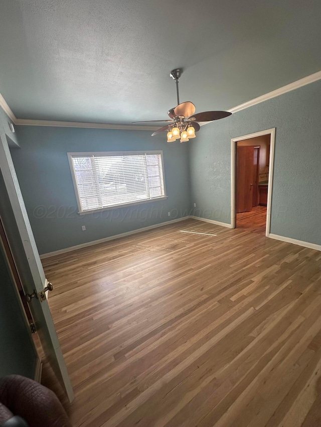 interior space with crown molding, baseboards, wood finished floors, a textured wall, and a textured ceiling