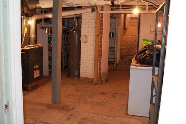 unfinished below grade area featuring stairway and water heater