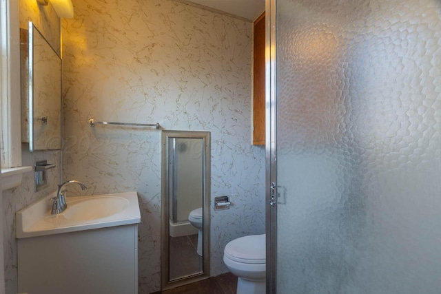 bathroom featuring vanity, a shower with shower door, and toilet