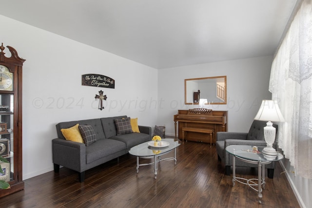 living room with dark hardwood / wood-style flooring