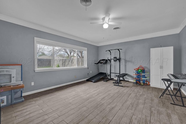 3412 Sunlite St, Amarillo, TX 79109 - workout area with ceiling fan, wood finished floors, and crown molding