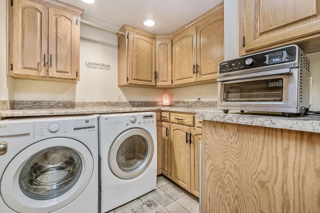 2229 Charles St, Pampa, TX 79065 - washroom featuring washing machine and clothes dryer, light tile patterned flooring, and recessed lighting