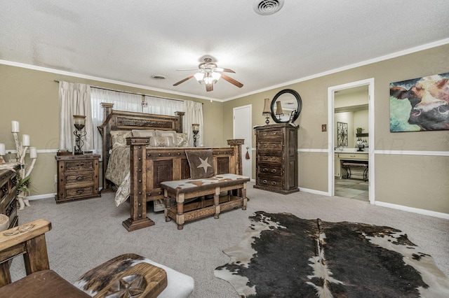 2229 Charles St, Pampa, TX 79065 - carpeted bedroom featuring crown molding, a textured ceiling, and ensuite bathroom