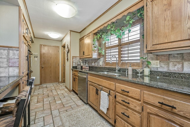 2229 Charles St, Pampa, TX 79065 - kitchen with dishwasher, backsplash, dark stone counters, brick patterned flooring, and brown cabinets