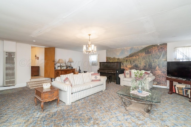 1441 NW 14th Ave, Amarillo, TX 79107 - living area with a chandelier, carpet floors, and a heating unit