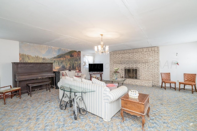 1441 NW 14th Ave, Amarillo, TX 79107 - living room featuring a brick fireplace, a notable chandelier, and carpet floors