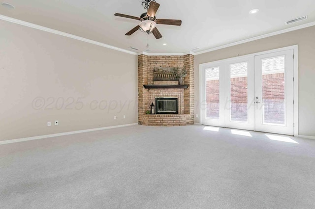 7802 Pineridge Dr, Amarillo, TX 79119 - unfurnished living room with crown molding, carpet, a ceiling fan, a brick fireplace, and baseboards