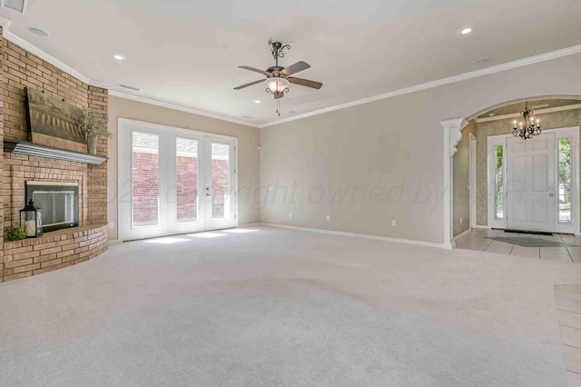 7802 Pineridge Dr, Amarillo, TX 79119 - unfurnished living room featuring a chandelier, carpet, a ceiling fan, crown molding, and baseboards