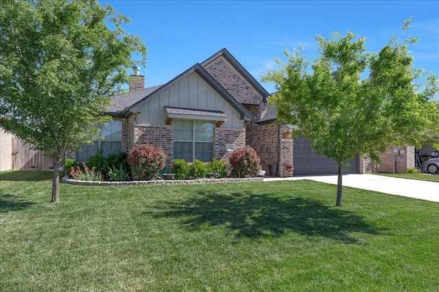 view of front of home featuring brick siding, board and batten siding, concrete driveway, a front lawn, and an attached garage