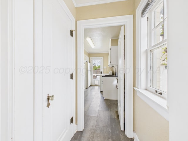 corridor featuring wood finished floors, baseboards, ornamental molding, and a sink