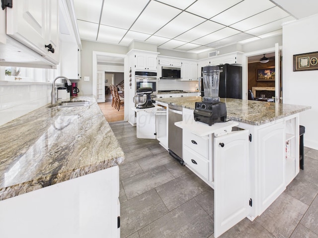 kitchen featuring light stone countertops, stainless steel appliances, a ceiling fan, and a sink