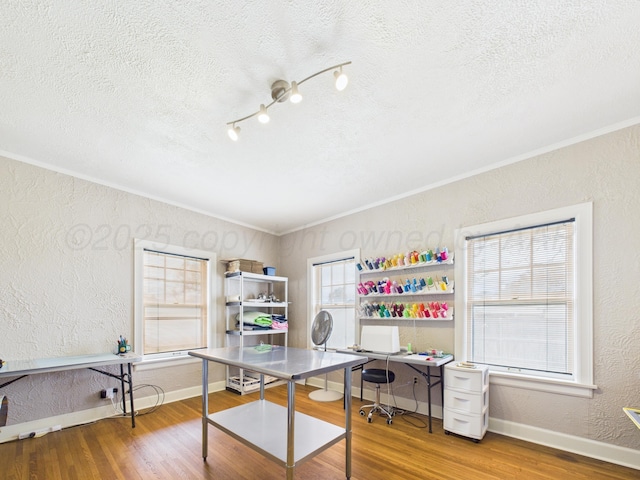 home office featuring wood finished floors, a textured ceiling, ornamental molding, and a textured wall
