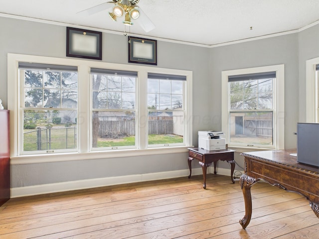 home office featuring ornamental molding, a ceiling fan, light wood finished floors, and baseboards