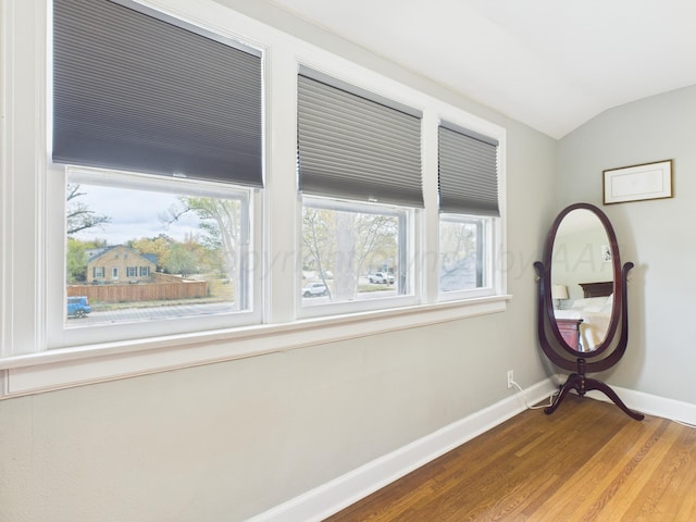 spare room with lofted ceiling, wood finished floors, and baseboards