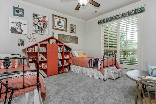 carpeted bedroom featuring crown molding, visible vents, and ceiling fan