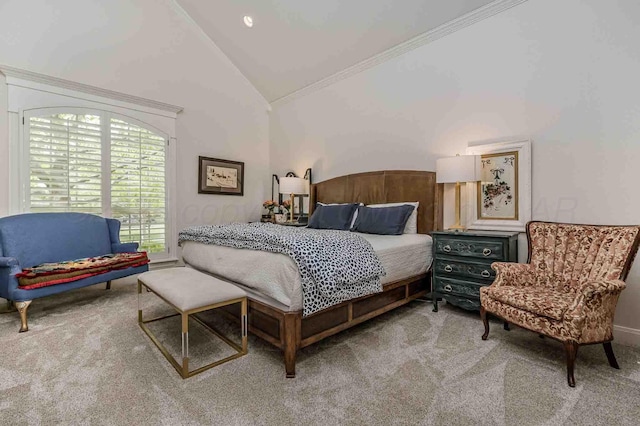 bedroom with light colored carpet, crown molding, and high vaulted ceiling
