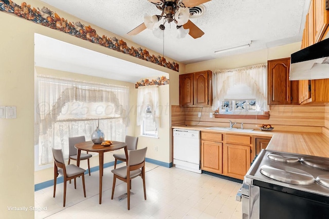 1338 Haggard St, Borger, TX 79007 - kitchen featuring light countertops, a ceiling fan, a sink, electric range oven, and dishwasher