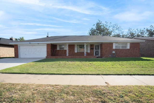 ranch-style house featuring driveway, brick siding, a garage, and a front yard