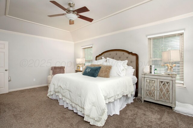 7133 Birkshire Dr, Amarillo, TX 79109 - carpeted bedroom with crown molding, a ceiling fan, and baseboards