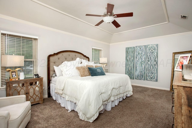 7133 Birkshire Dr, Amarillo, TX 79109 - carpeted bedroom featuring lofted ceiling, ceiling fan, baseboards, and crown molding