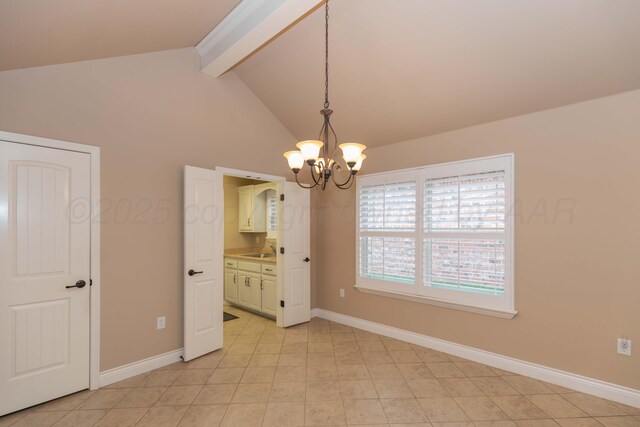 7414 Southbend Dr, Amarillo, TX 79119 - empty room featuring beam ceiling, a chandelier, light tile patterned flooring, and high vaulted ceiling