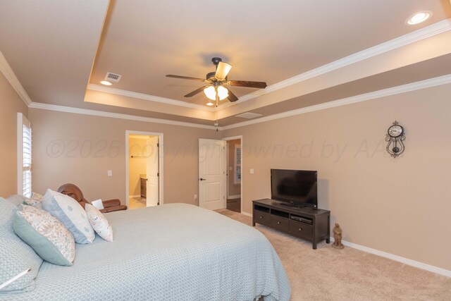 7414 Southbend Dr, Amarillo, TX 79119 - bedroom featuring a tray ceiling, light carpet, ornamental molding, a ceiling fan, and recessed lighting