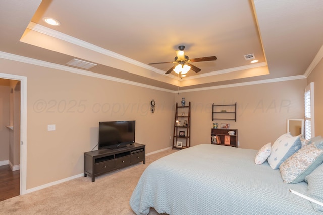 7414 Southbend Dr, Amarillo, TX 79119 - bedroom with a raised ceiling, crown molding, carpet floors, ceiling fan, and recessed lighting