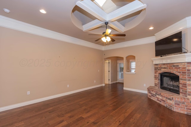 7414 Southbend Dr, Amarillo, TX 79119 - unfurnished living room featuring crown molding, wood finished floors, a fireplace, ceiling fan, and recessed lighting