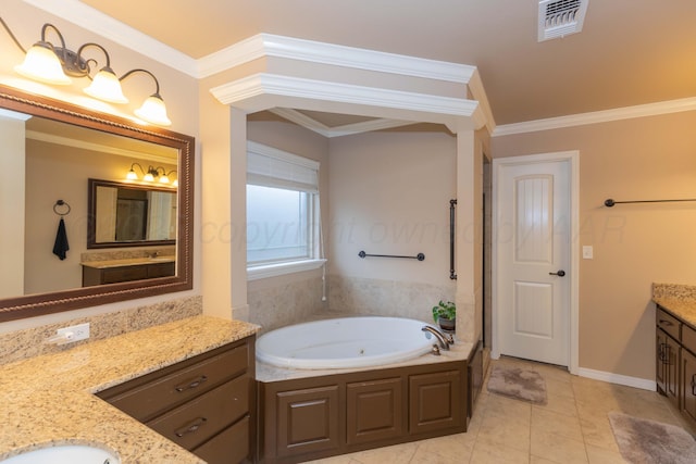 7414 Southbend Dr, Amarillo, TX 79119 - bathroom with vanity, a tub with jets, crown molding, and tile patterned flooring