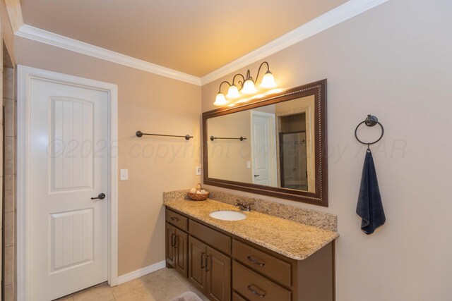 7414 Southbend Dr, Amarillo, TX 79119 - bathroom with ornamental molding, vanity, and tile patterned flooring
